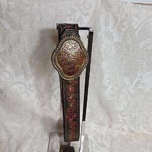 Lee Bernay Vintage 60s 70s Embossed Leather Belt with Ornate Metal Buckle
